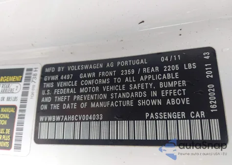 2012 Volkswagen Eos Komfort z USA, uszkodzony, nr VIN WVWBW7AH6CV004033